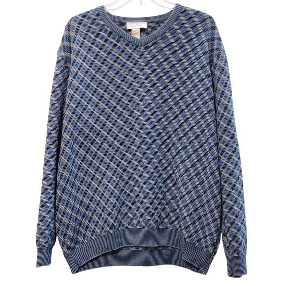 Ermenegildo Zegna Tops - Ermenegildo Zegna V Neck Pullover Sweater Geo Plaid Blue Knit Italy Made Mens XL
